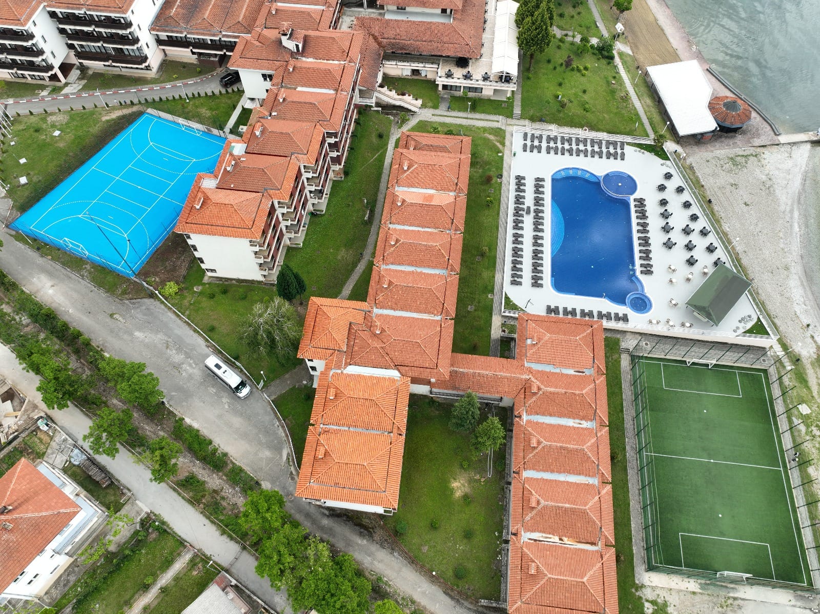 Aerial view of Hotel Desaret on Lake Ohrid